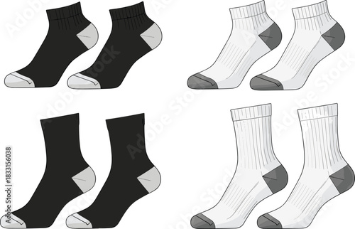 Set of four vector technical sock drawings featuring black and white ankle and crew length styles for fashion apparel design templates and clothing mockups isolated.