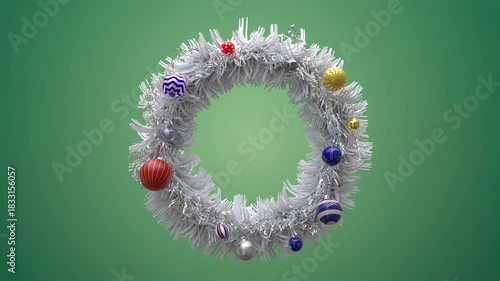 Christmas tinsel wreath balls garland waving on the wind with alpha channel. Celebration New Year 2026 . 3D animation