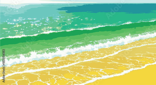 Serene Beach Scene Vector Illustration of Ocean Waves, Turquoise Water, and Golden Sand