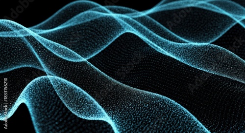 Abstract, glowing, wavy, blue lines on a black background, depth