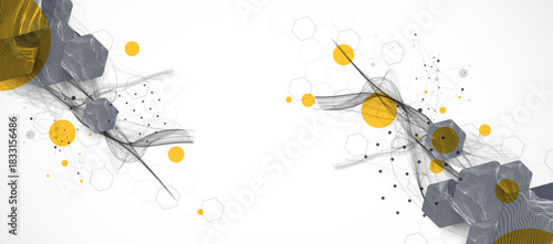 Abstract composition with wireframe hexagons, dots, and lines. Vector