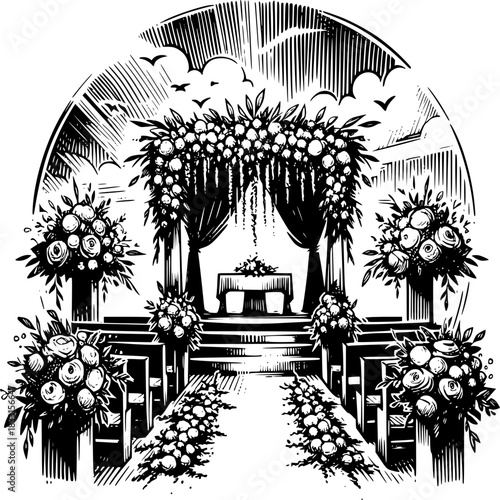 Wedding Ceremony: Artistic depiction of a serene outdoor wedding ceremony, adorned with floral arrangements and an altar ready to celebrate love and commitment. 