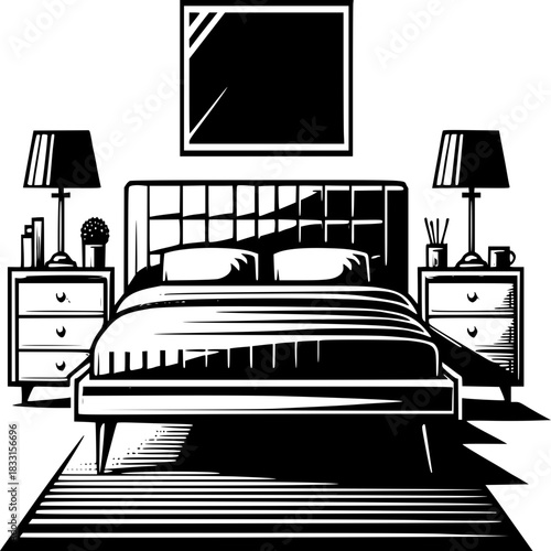 Modern Bedroom Interior: A minimalistic bedroom interior with a sleek bed as the focal point, flanked by bedside tables with lamps, a framed artwork, and a patterned rug.