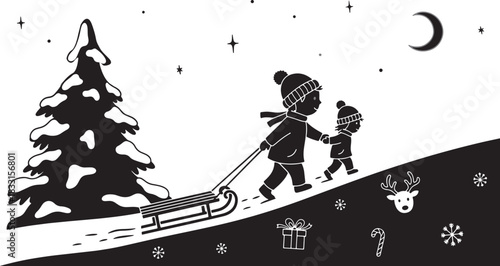 Children pulling a sled on a snowy hill in winter night