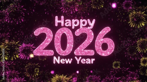 Pink Glitter Heart Explosion Revealing Happy New Year 2026 Kawaii