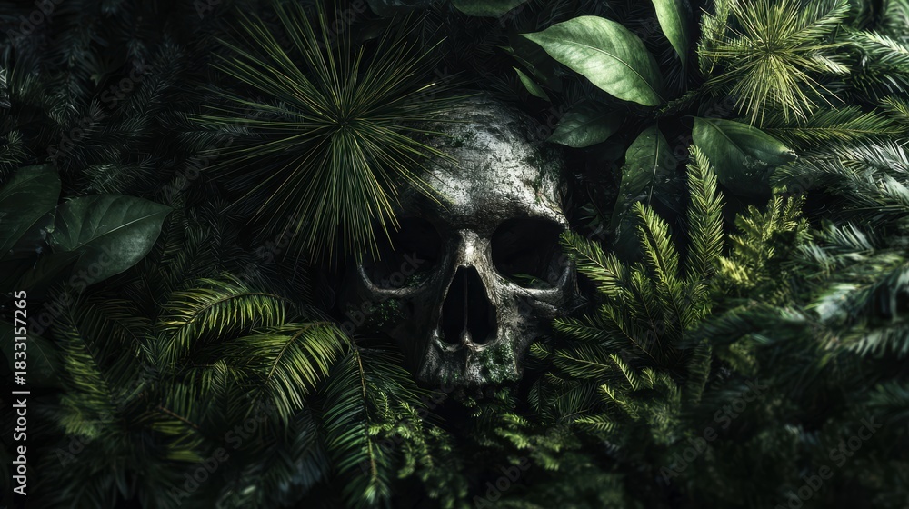 Naklejka premium A skull shrouded in dense greenery, a reminder of nature's embrace.