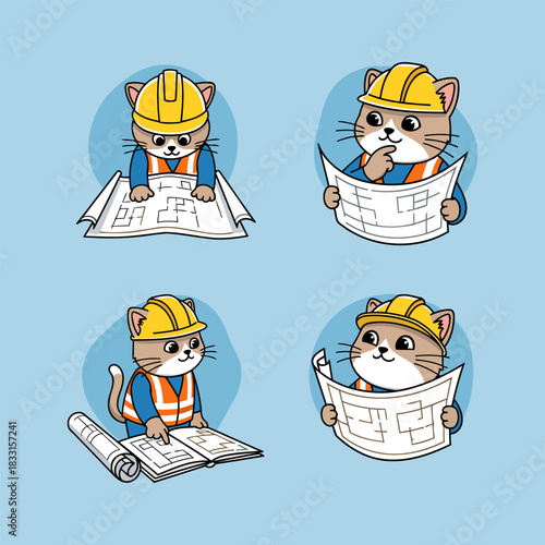 Cat construction worker examining blueprints of building project