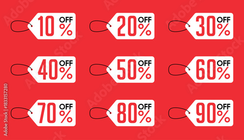 Promotion hold tag. Special offer discount on red tags shapes with different value percent off 90, 80, 70, 60, 50, 40, 30, 20, and 10%.	