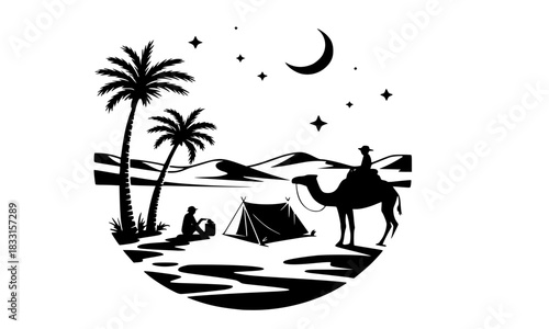 Desert Nomad Winter Camp Silhouette, Black and White Vector Graphic, Camel Rider and Tent under Crescent Moon, Arabian Night Landscape, Traveling and Spirituality Icon