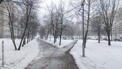 The ground, trees and cars parked along the roadway are covered with snow. The sidewalk has been cleared of snow. Pedestrians are walking. Cloudy winter weather and grey skies. Snow is falling