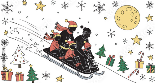 Family sledding down a hill on a winter holiday illustration