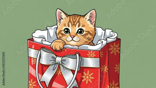 Adorable orange tabby kitten peeking out of a festive red gift bag adorned with snowflakes and a silver bow perfect for holiday greetings and pet themed designs