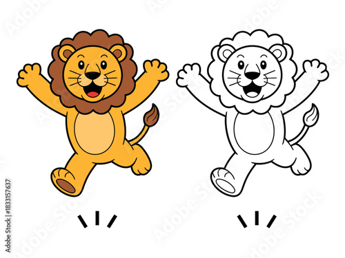 A cartoon lion and its outline are shown jumping with joy, symbolizing energy and playful movement.
