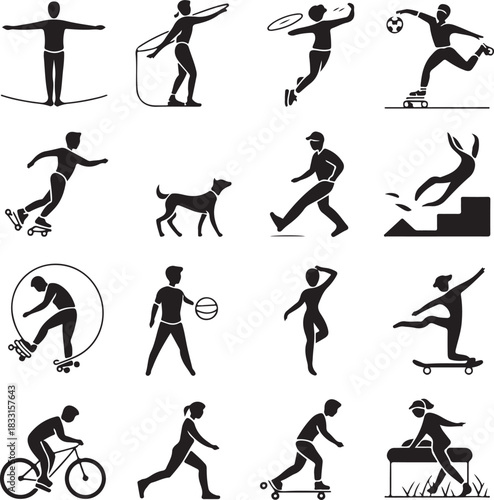 Various silhouettes of people engaging in sports and activities