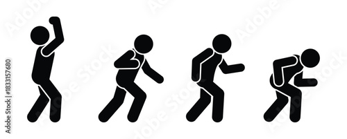 Silhouette stickman sequence showing dynamic running motion from start to sprint, isolated vector figure set on transparent background for sport and fitness design.