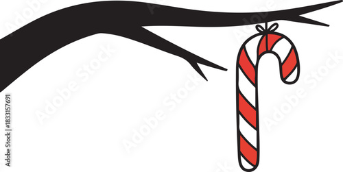 Festive Candy Cane Hanging from Tree Branch for Holiday Season