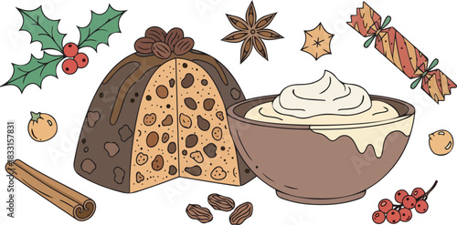 Festive Christmas pudding with cream holly and spices hand drawn style