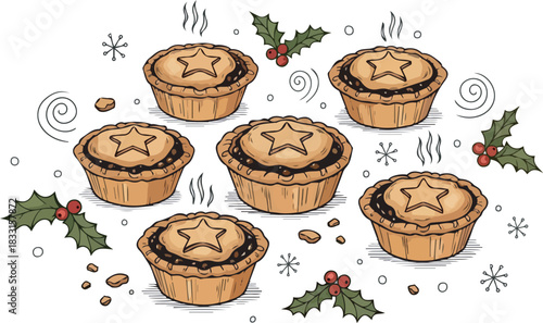 Festive Mince Pies Seamless Pattern with Holly and Snowflake Details