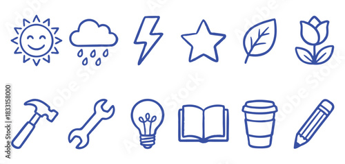 Icon Set. Hand Drawn. Blue. A vector line art collection of various universal icons for a website, a mobile app, a presentation, a planner sticker, or a creative design element project.