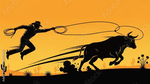 Silhouette of a cowboy chasing a bull with a lasso in a desert landscape with cacti and plants