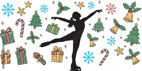 Ice skater silhouette surrounded by festive holiday elements illustration art