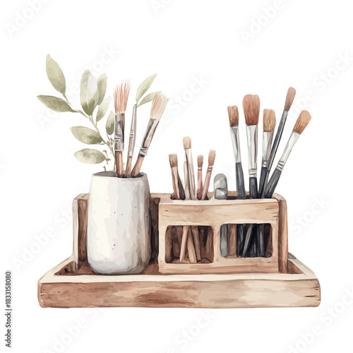 Elegant wooden desk organizer painting design collection, Hand-painted watercolor style, vectorized, vector set available in EPS, Simple design, EPS format set	