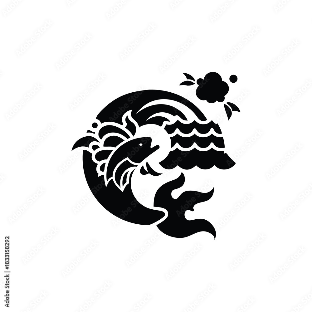 Naklejka premium Koi fish swimming in a stylized wave with a cloud and flower isolated on white background isolated on transparent background
