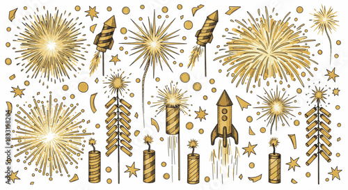 Golden Fireworks Clipart Set for Celebrations and Festive Events