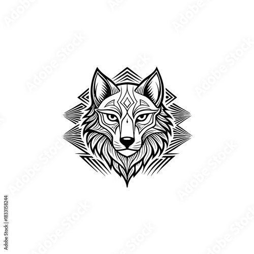 Vector illustration of a wild feline tiger and wolf head tattoo design, combining a wild dog and cat symbol drawing