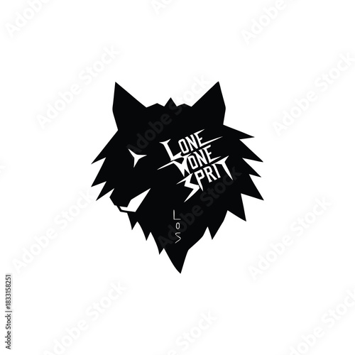 Wolf head silhouette with distressed text lone wolf spirit inside graphic design element isolated on white background isolated on transparent background