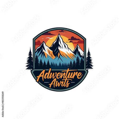 Mountain landscape with pine trees and the text adventure awaits in a circular emblem isolated on white background isolated on transparent background