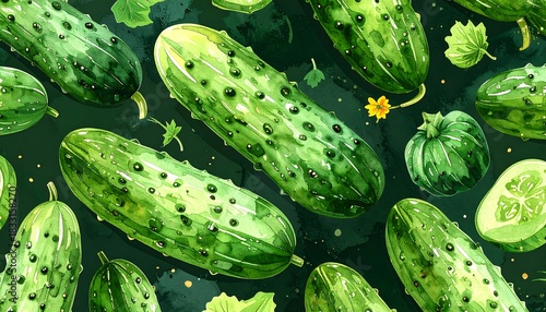 Cucumbers pattern. Green hues dominate. Watercolor style illustration of whole and sliced cucumbers on a dark background