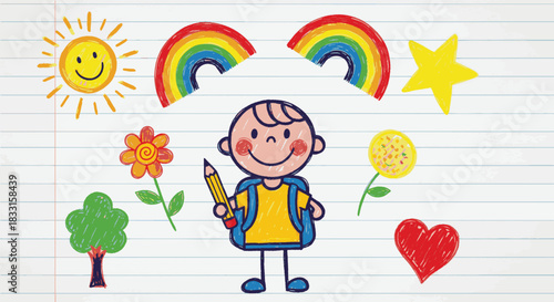 Cheerful Child's Day Joyful Moments with Sun, Rainbows, Stars, Flowers, Trees, and a Heart