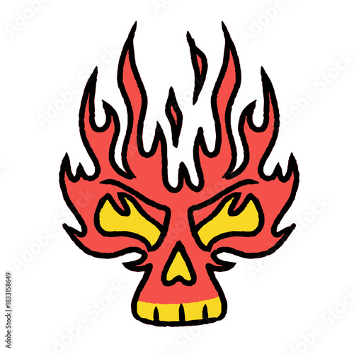Cartoon skull in fire flame. Graffiti vector illustration