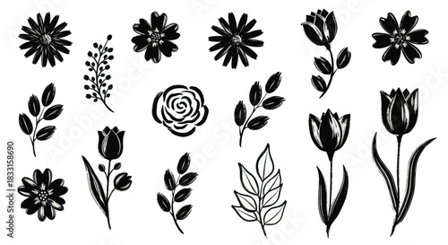 A collection of hand-drawn floral graphic elements in a black grunge style. Vector set includes roses, tulips, and botanical leaves
