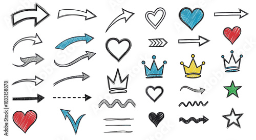 Collection of hand-drawn arrows, hearts, crowns, and stars for creative design projects, isolated on white background