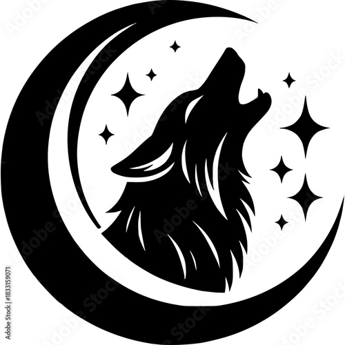 Serene Lunar Howl: A majestic wolf silhouette serenades the night sky with a passionate howl against the backdrop of a crescent moon, its voice echoing amidst the twinkling stars.