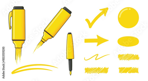 Vibrant Yellow Highlighter Pen Set with Essential Marking Elements and Hand-Drawn Scribbles for Emphasis and Annotation