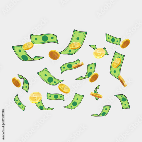 Money, Cash, Coins, and Dollar Bills Floating Seamlessly on Transparent Background. Ideal for Finance, Wealth, and Reward Concepts. 3D Cartoon Style. Vector Illustration