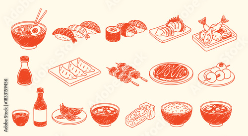 Japanese Food. Sketch. A hand drawn vector illustration set with a crayon or chalk texture of various Japanese dishes for a restaurant menu, a food blog, or a rustic design project.