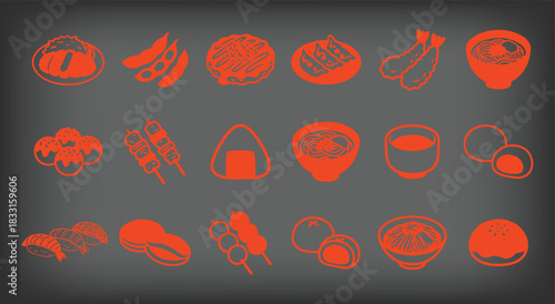 Japanese Food. Icon Set. Orange. A minimal vector line art collection of Japanese dishes on a dark background for a modern restaurant menu, a food blog, or a creative website design.