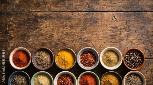 Fototapeta Naklejka Na Ścianę i Meble -  Assorted spice bowls arranged neatly on a rustic wooden table background, showcasing rich textures and natural colors, creating a warm culinary scene perfect for cooking, seasoning, and kitchen-themed