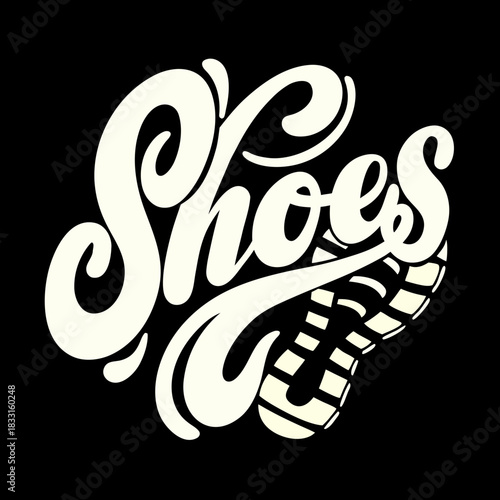 Cream colored word shoes with shoe sole imprint text