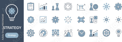 Strategy icons set, business planning symbols, goal setting graphics, flat vector illustration for teamwork, innovation, and performance tracking
