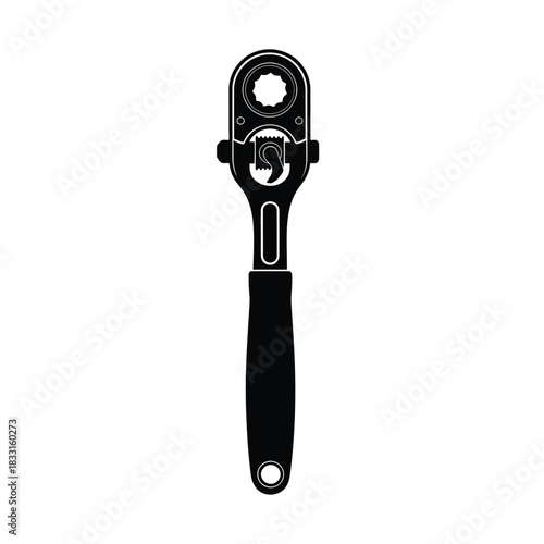 Black silhouette of a ratchet wrench on white background