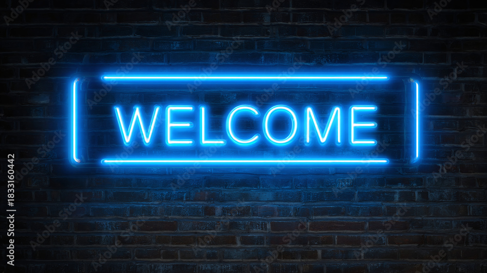 Obraz premium A glowing neon sign that says WELCOME on a brick wall, conveying a friendly message
