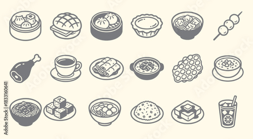 Hong Kong Food. Dim Sum. Icon Set. A gray vector line art collection of traditional Hong Kong dishes and drinks for a restaurant menu, a travel guide, or a food blog graphic design.