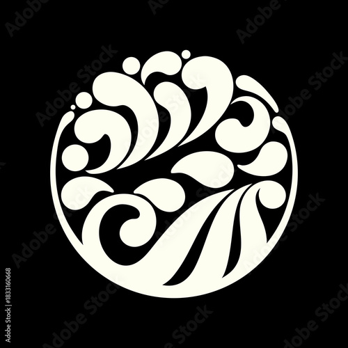 Creamy white abstract floral ornament on black background