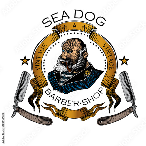 Beard Man With Pipe Inside Ribbon Frame Between Two Straight Razors. Barbershop Emblem Color Vector Illustration In Engraving Style