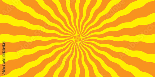 Swirling radial ice cream background. Orange groovy vortex spiral twirl. Twirl sunburst psychedelic pattern. Orange lollipop texture. Swirl candy background. Vector illustration.